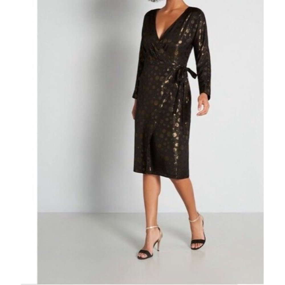 New Modcloth Golden Record Party Wrap Dress Womens Size small belted black gold
